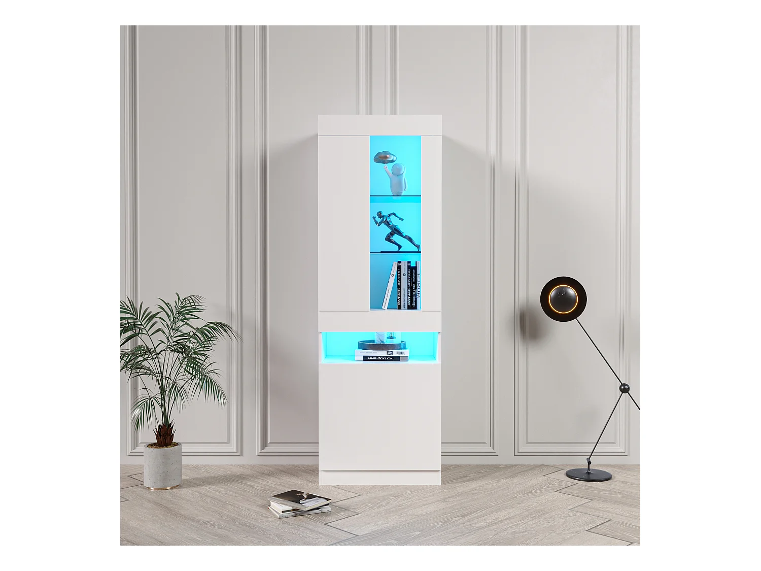 Vitrine blanche avec éclairage LED, 2 portes et séparateurs de rangement - pour salon et bureaux