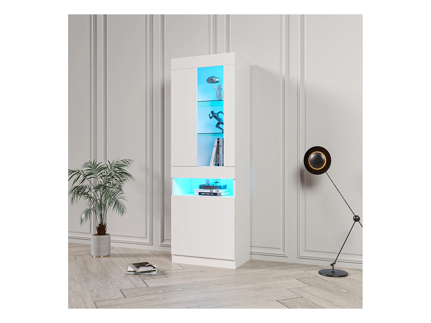 Vitrine blanche avec éclairage LED, 2 portes et séparateurs de rangement - pour salon et bureaux