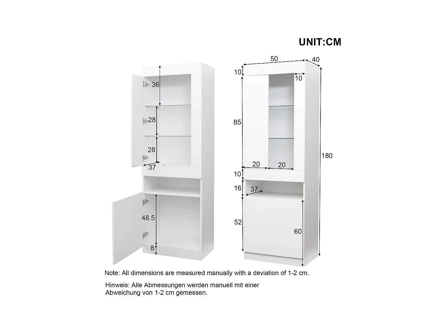 Vitrine blanche avec éclairage LED, 2 portes et séparateurs de rangement - pour salon et bureaux