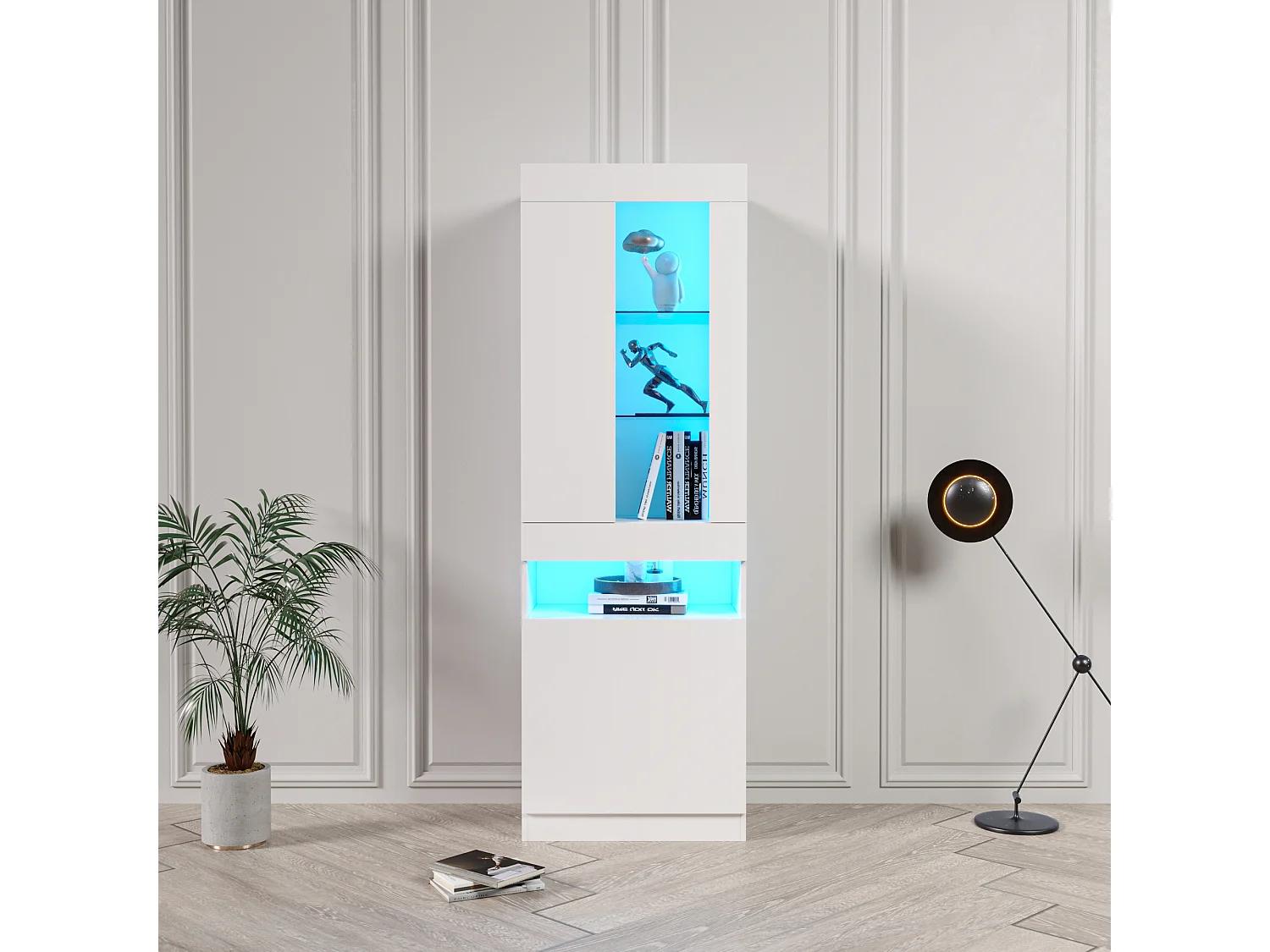 Vitrine blanche avec éclairage LED, 2 portes et séparateurs de rangement - pour salon et bureaux