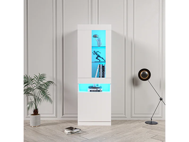 Vitrine blanche avec éclairage LED, 2 portes et séparateurs de rangement - pour salon et bureaux