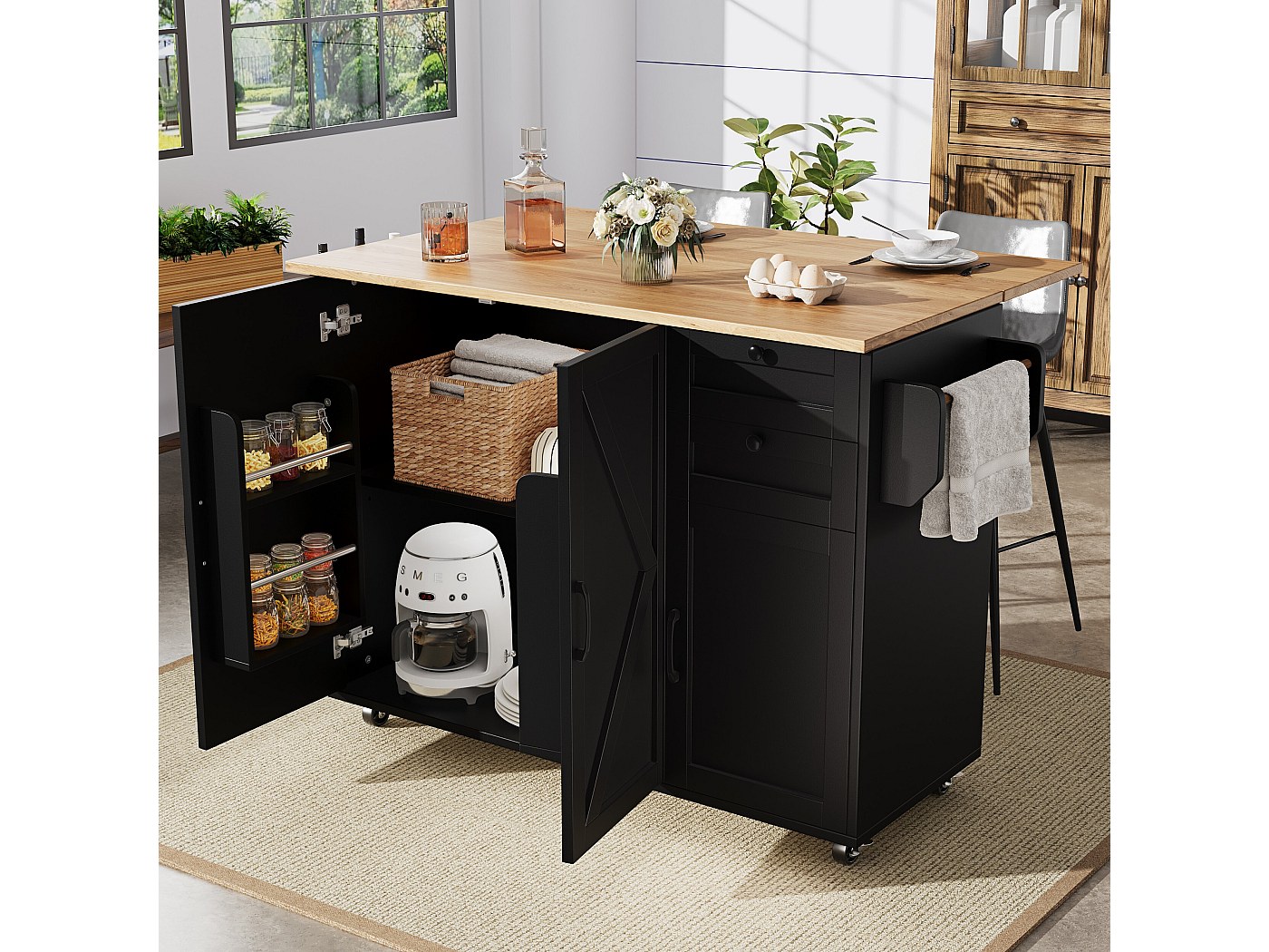 EURHCIO Desserte Cuisine 120x42/60x93cm,Ilot Central Cuisine avec Éclairage réglable,Plan de Travail Pliable,Casier à Bouteilles,Porte-Verres,3 Tiroirs,5 Étagères,Portiques (Blanc 1