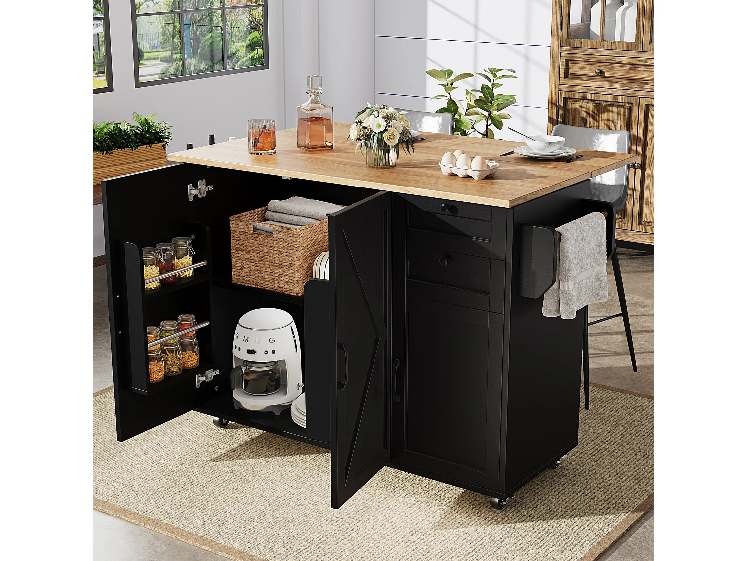 Küchenwagen mit klappbarer Arbeitsplatte, 3 Türen und 2 Schubladen, schwarz – für Wohn- und Esszimmer