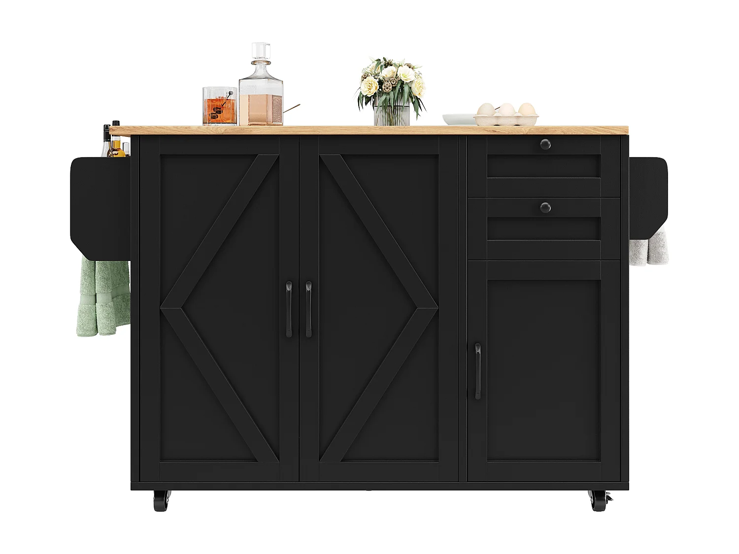 Küchenwagen mit klappbarer Arbeitsplatte, 3 Türen und 2 Schubladen, schwarz – für Wohn- und Esszimmer