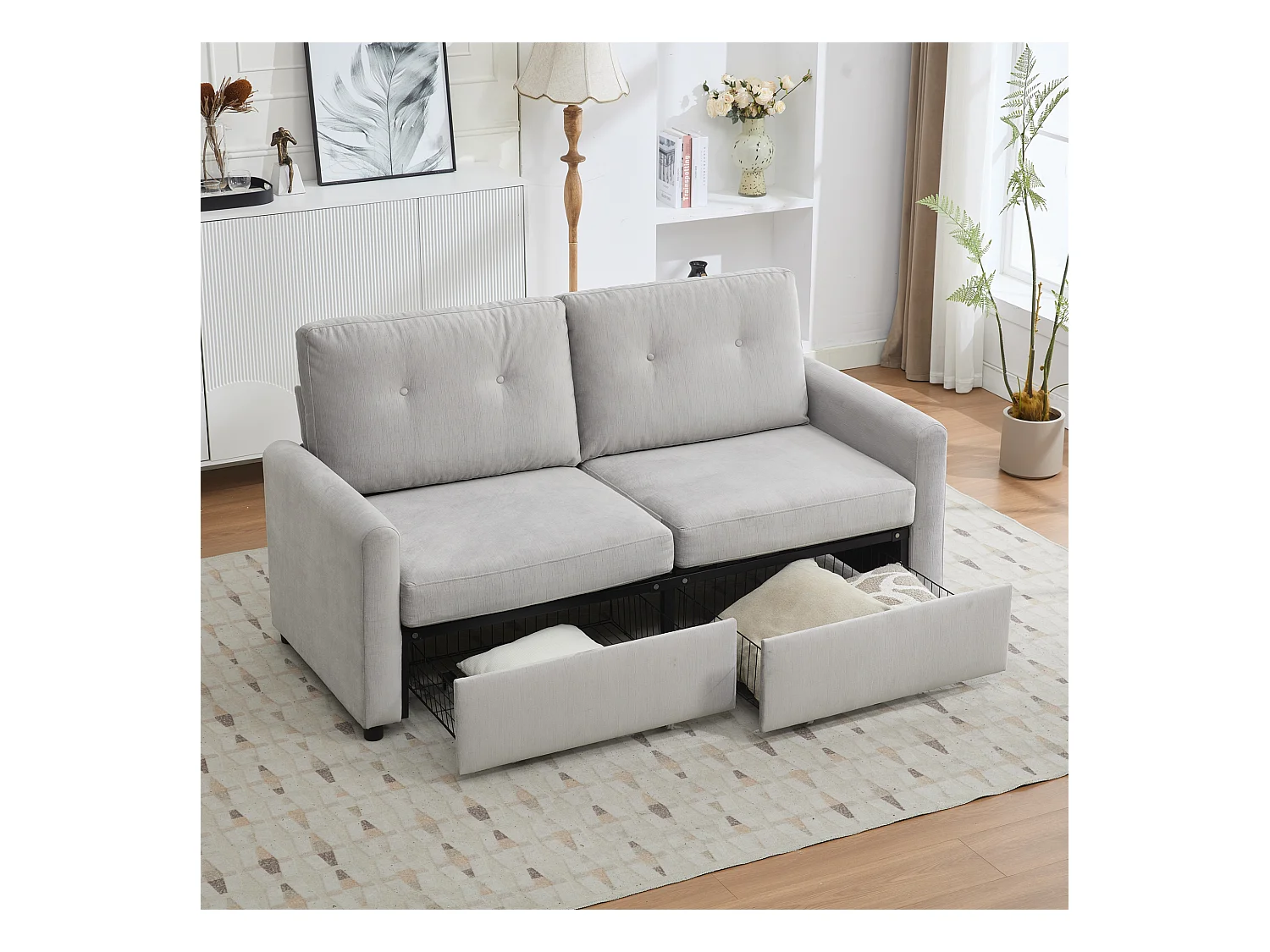 Canapé 2 places en tissu gris clair avec 2 tiroirs de rangement - Style moderne