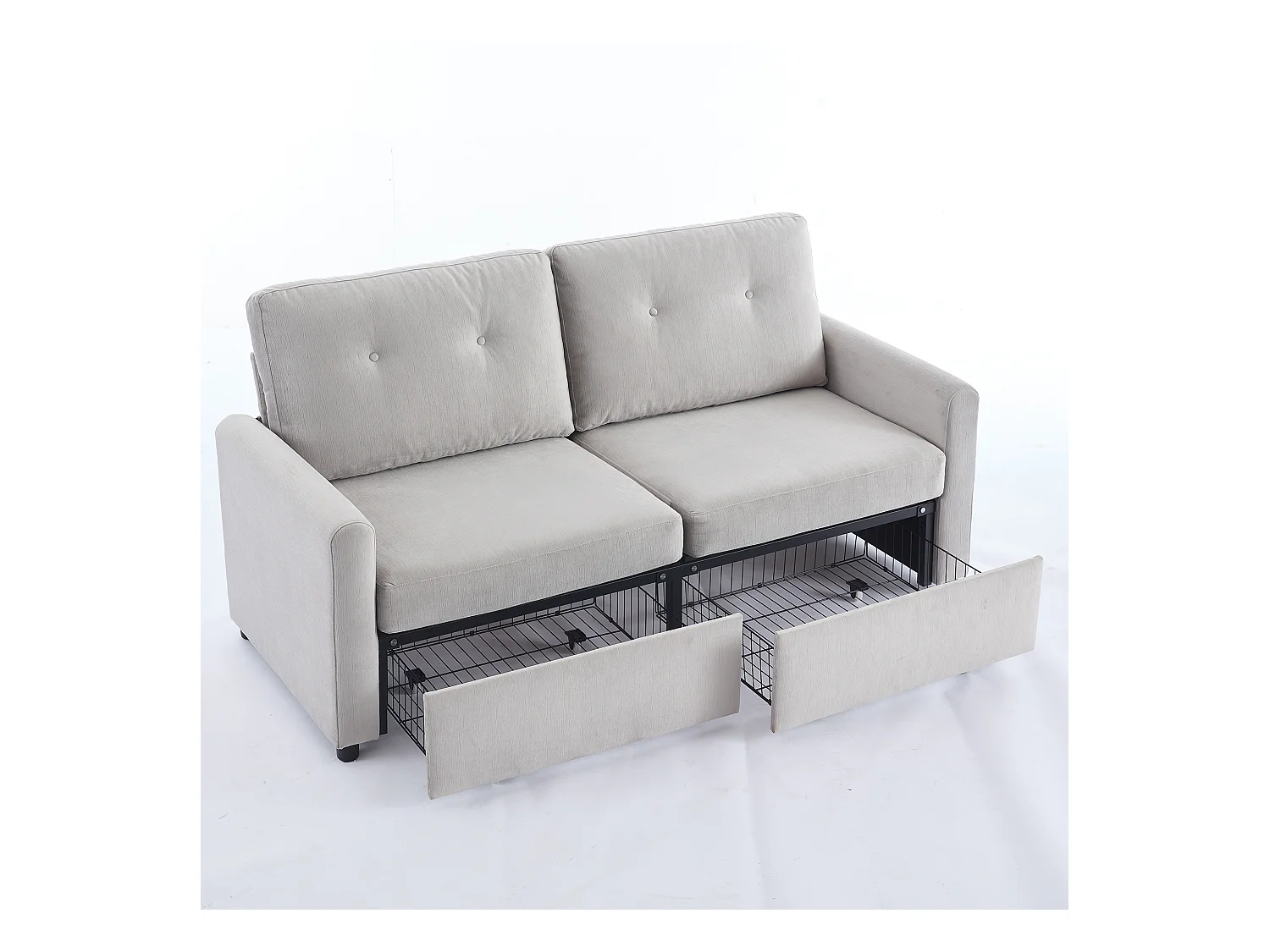 Canapé 2 places en tissu gris clair avec 2 tiroirs de rangement - Style moderne