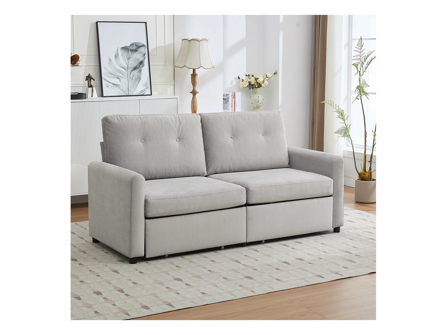 Canapé 2 places en tissu gris clair avec 2 tiroirs de rangement - Style moderne