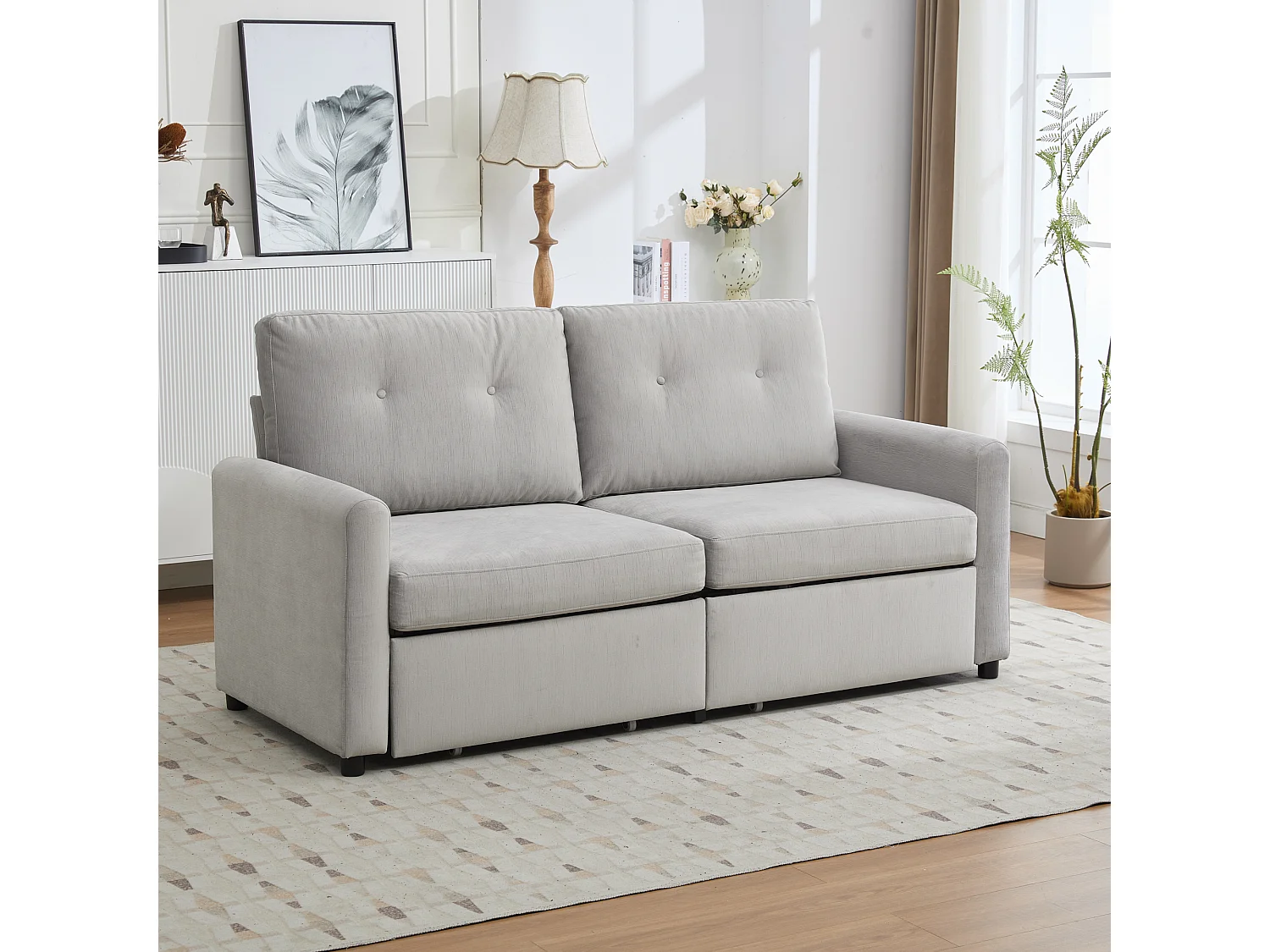 Canapé 2 places en tissu gris clair avec 2 tiroirs de rangement - Style moderne