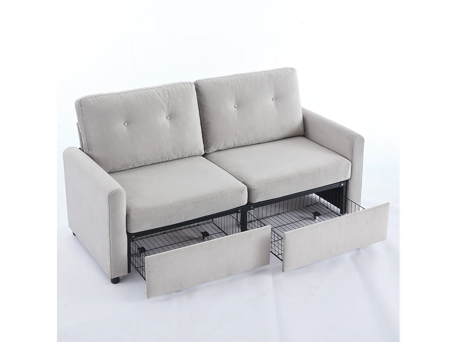 Canapé 2 places en tissu gris clair avec 2 tiroirs de rangement - Style moderne