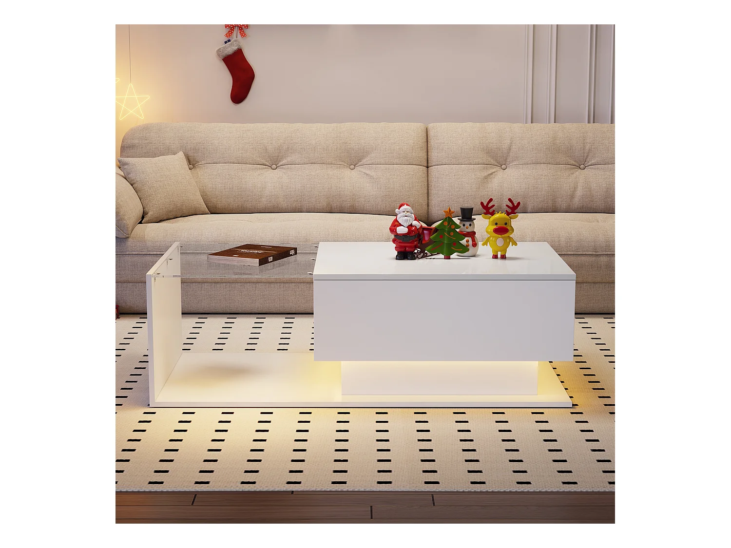 Table basse blanche 100x50 cm avec LED, tiroir et plateau en verre -pour salon et bureaux