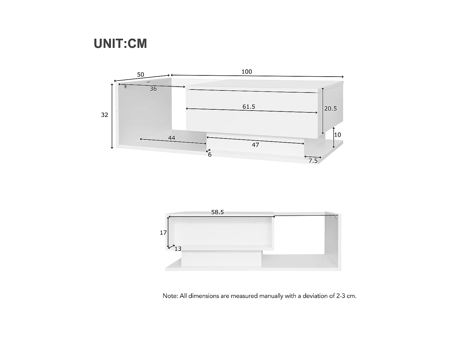 Table basse blanche 100x50 cm avec LED, tiroir et plateau en verre -pour salon et bureaux