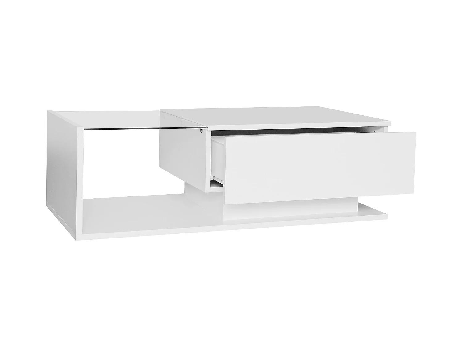 Table basse blanche 100x50 cm avec LED, tiroir et plateau en verre -pour salon et bureaux