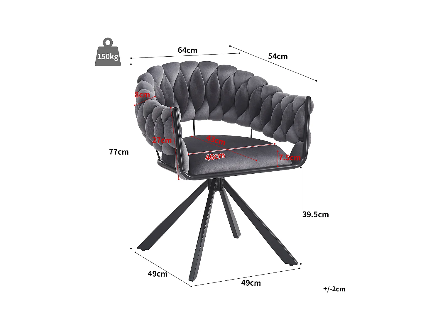 Lot de 2 chaises de salle à manger, velours gris, avec dossiers rembourrés, pieds métal en forme de griffe