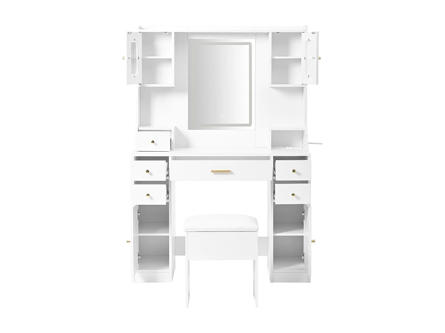 Witte kaptafel met LED-spiegel en stopcontact, 6 lades en 4 deuren - inclusief kruk