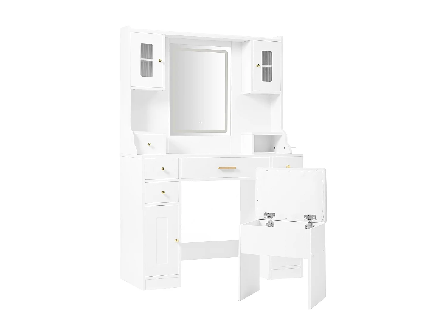 Witte kaptafel met LED-spiegel en stopcontact, 6 lades en 4 deuren - inclusief kruk