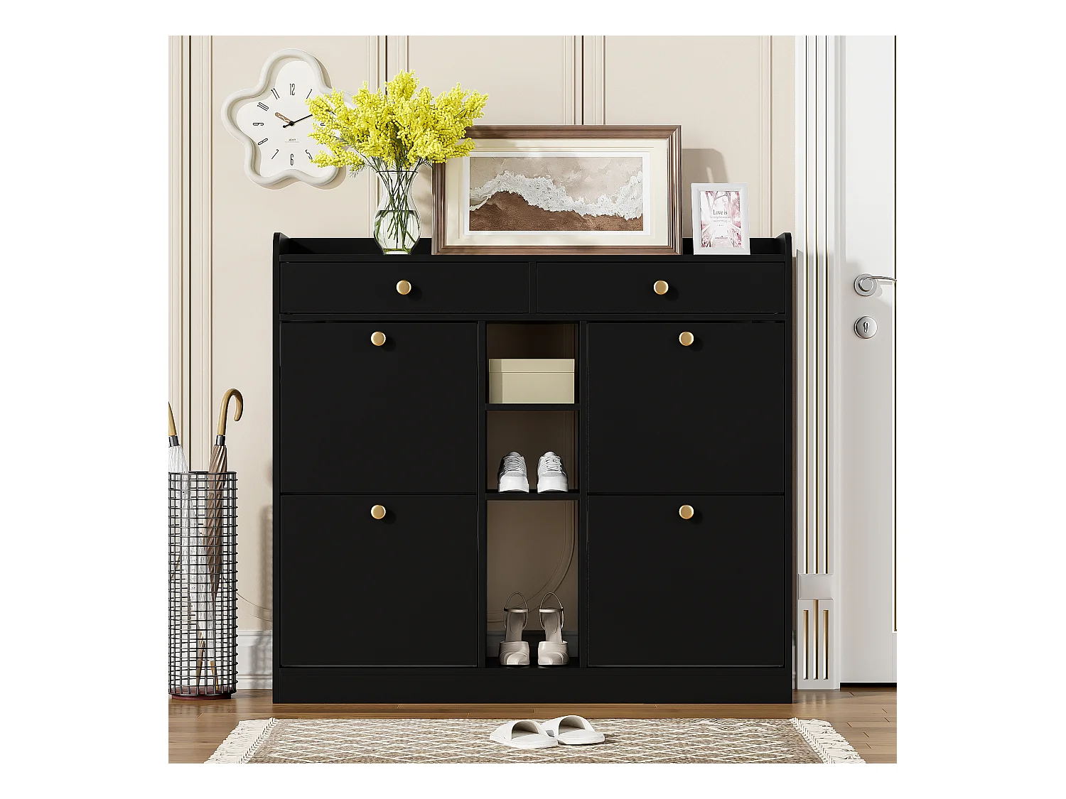 Meuble à chaussures noir avec 4 portes basculantes et 2 tiroirs – pour entrée et couloir