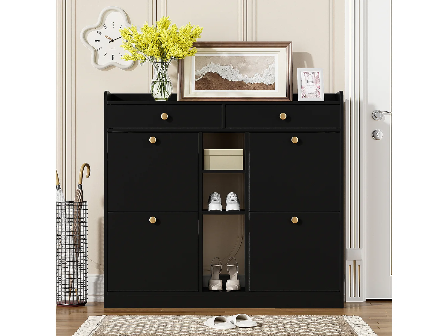 Meuble à chaussures noir avec 4 portes basculantes et 2 tiroirs – pour entrée et couloir