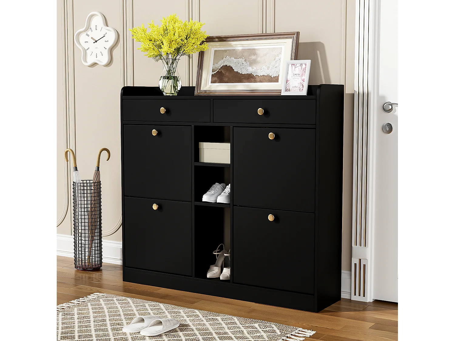 Meuble à chaussures noir avec 4 portes basculantes et 2 tiroirs – pour entrée et couloir