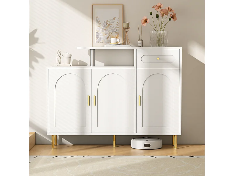 Meuble à chaussures blanc avec 1 tiroir et 3 portes, poignées et pieds en métal doré