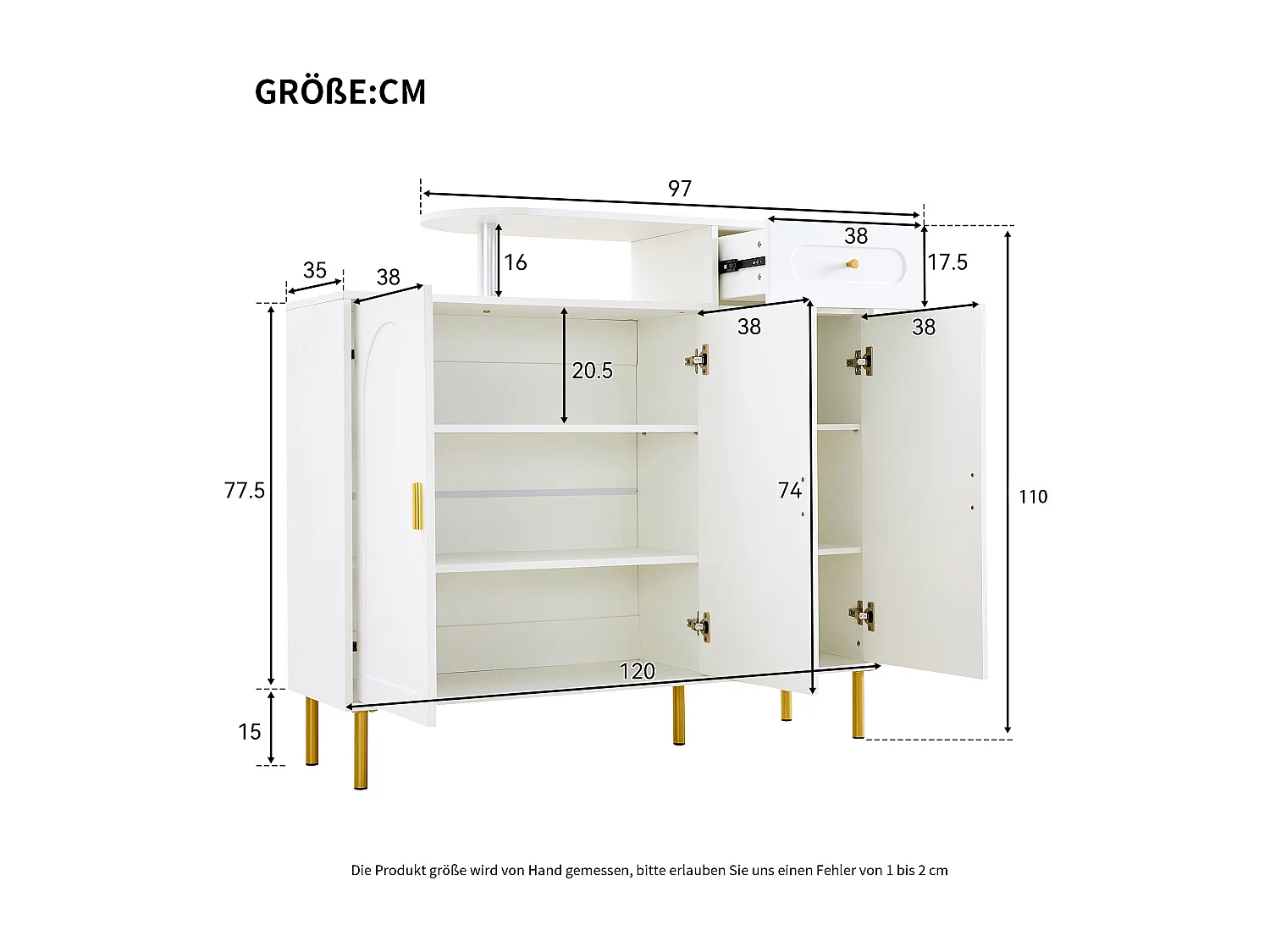 Meuble à chaussures blanc avec 1 tiroir et 3 portes, poignées et pieds en métal doré