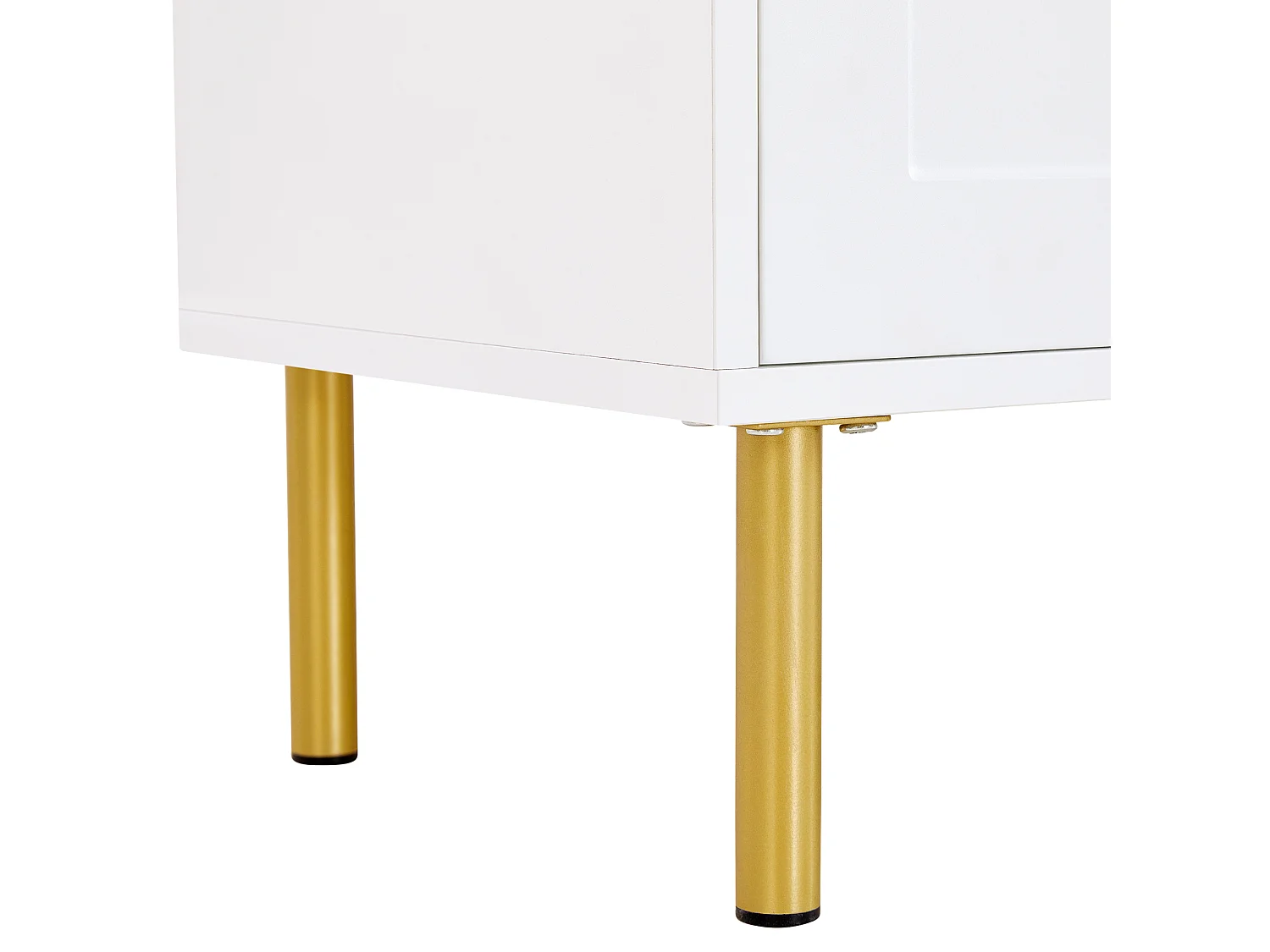 Meuble à chaussures blanc avec 1 tiroir et 3 portes, poignées et pieds en métal doré