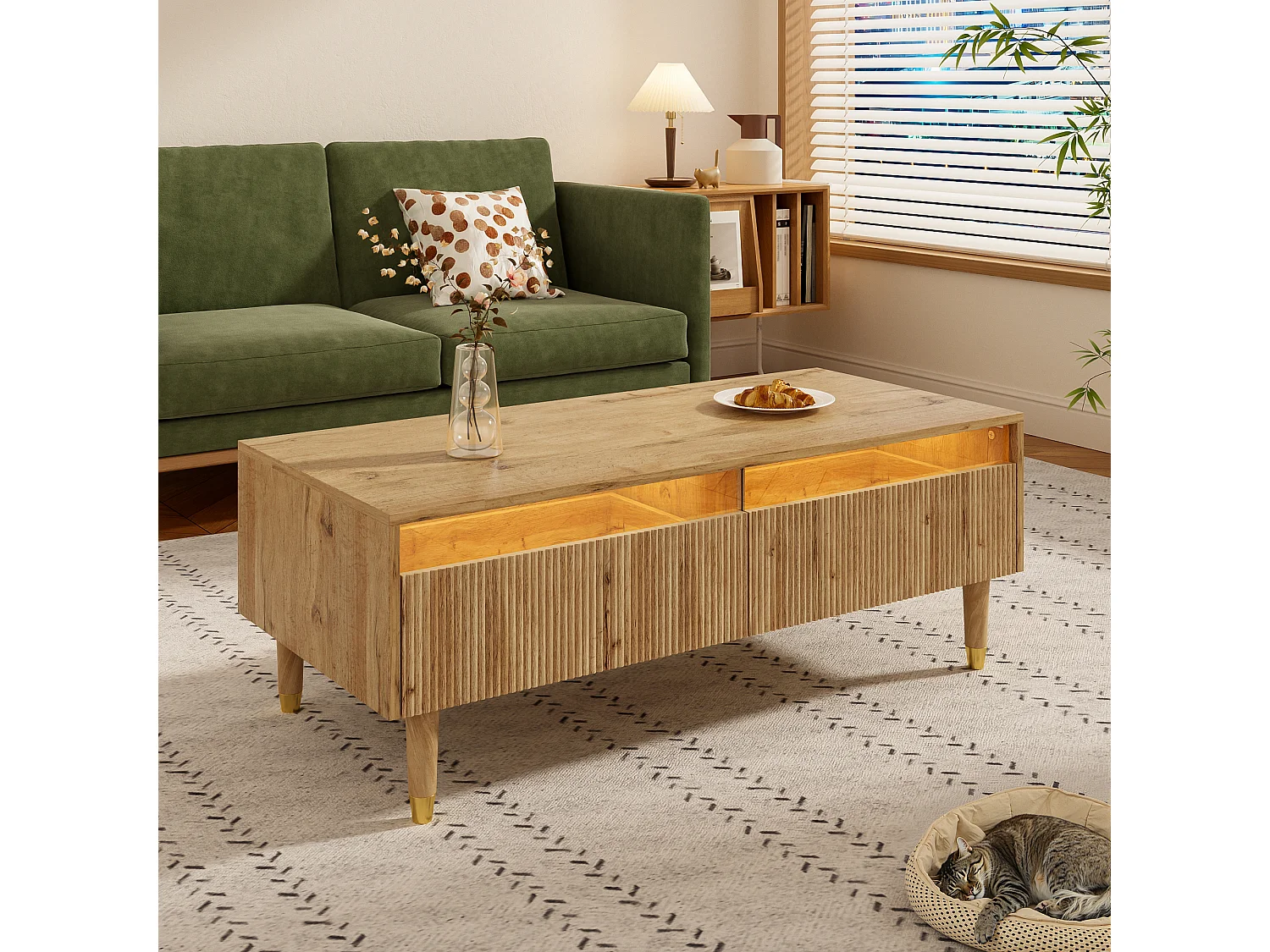 Natuurlijke salontafel met verstelbare ledverlichting en twee gestreepte lades - perfect voor woonkamers en studeerkamers