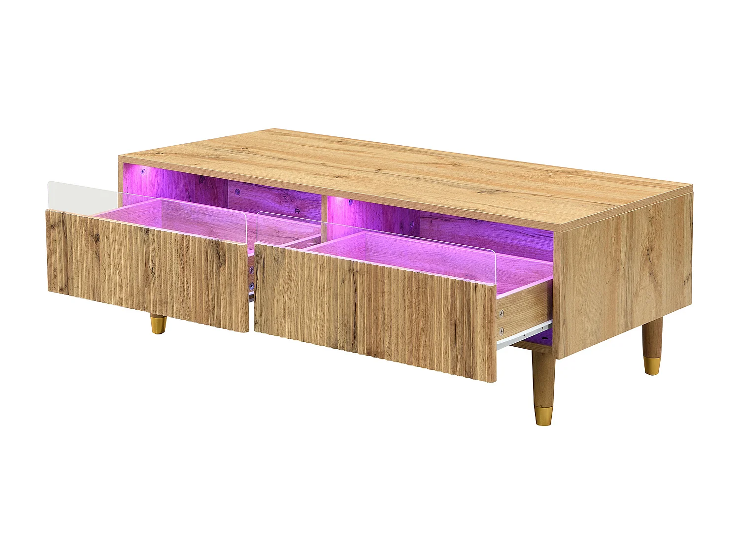 Natuurlijke salontafel met verstelbare ledverlichting en twee gestreepte lades - perfect voor woonkamers en studeerkamers