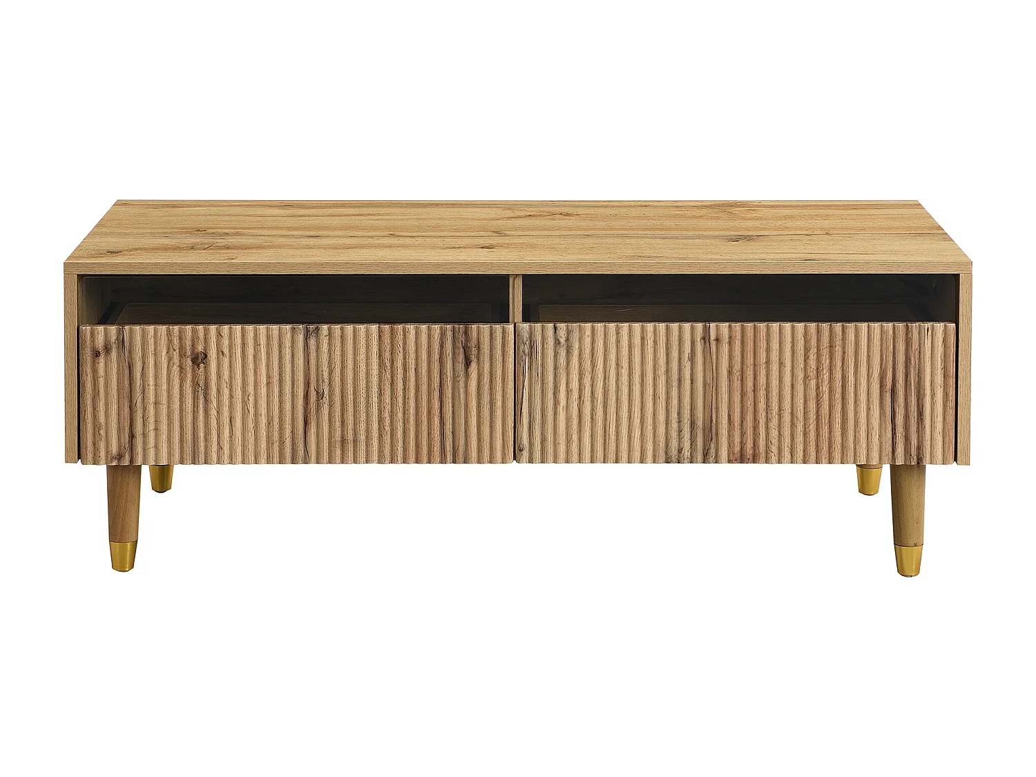 Natuurlijke salontafel met verstelbare ledverlichting en twee gestreepte lades - perfect voor woonkamers en studeerkamers