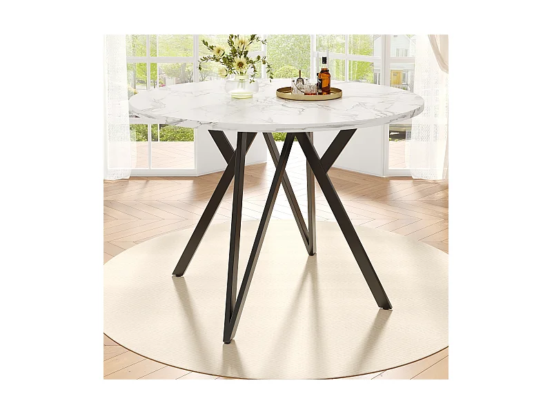 100 cm runder Esstisch mit MDF-Platte in Marmoroptik und schwarzen Metallbeinen – für Küche und Wohnzimmer