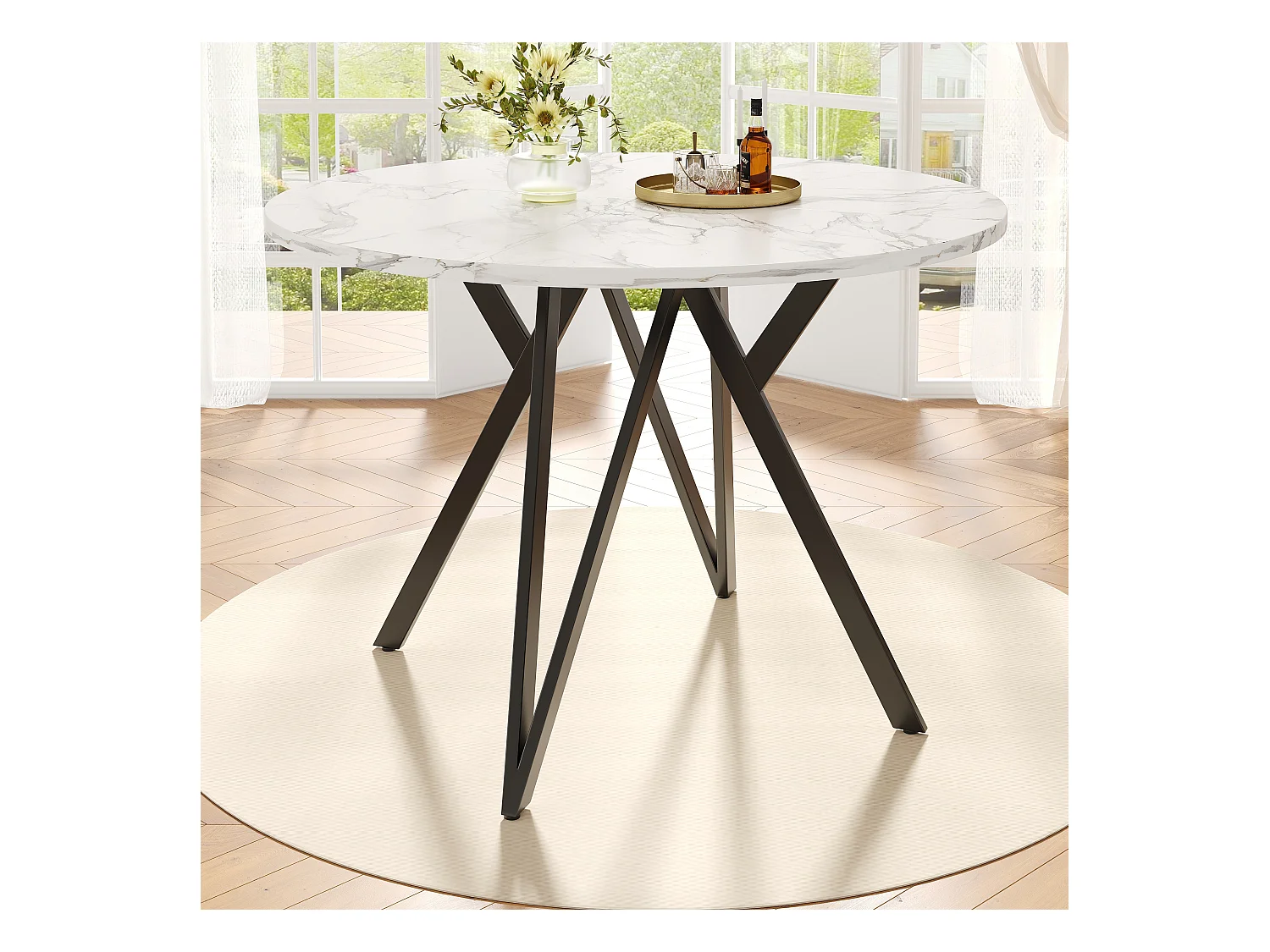 Table à manger ronde 100 cm, plateau en MDF effet marbre, pieds en métal noir -  pour cuisine et salon