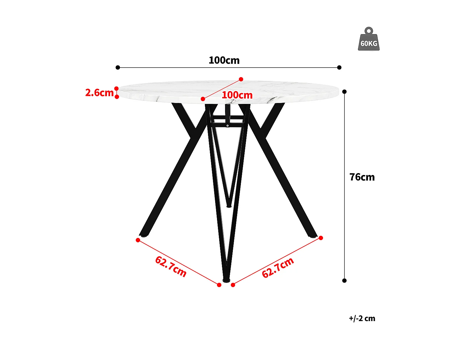 100 cm runder Esstisch mit MDF-Platte in Marmoroptik und schwarzen Metallbeinen – für Küche und Wohnzimmer