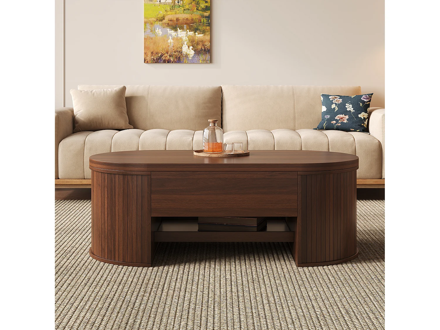 Dunkler Couchtisch aus Holz mit anhebbarer Platte und ausziehbarer Ablage – ideal für Wohn- und Arbeitszimmer