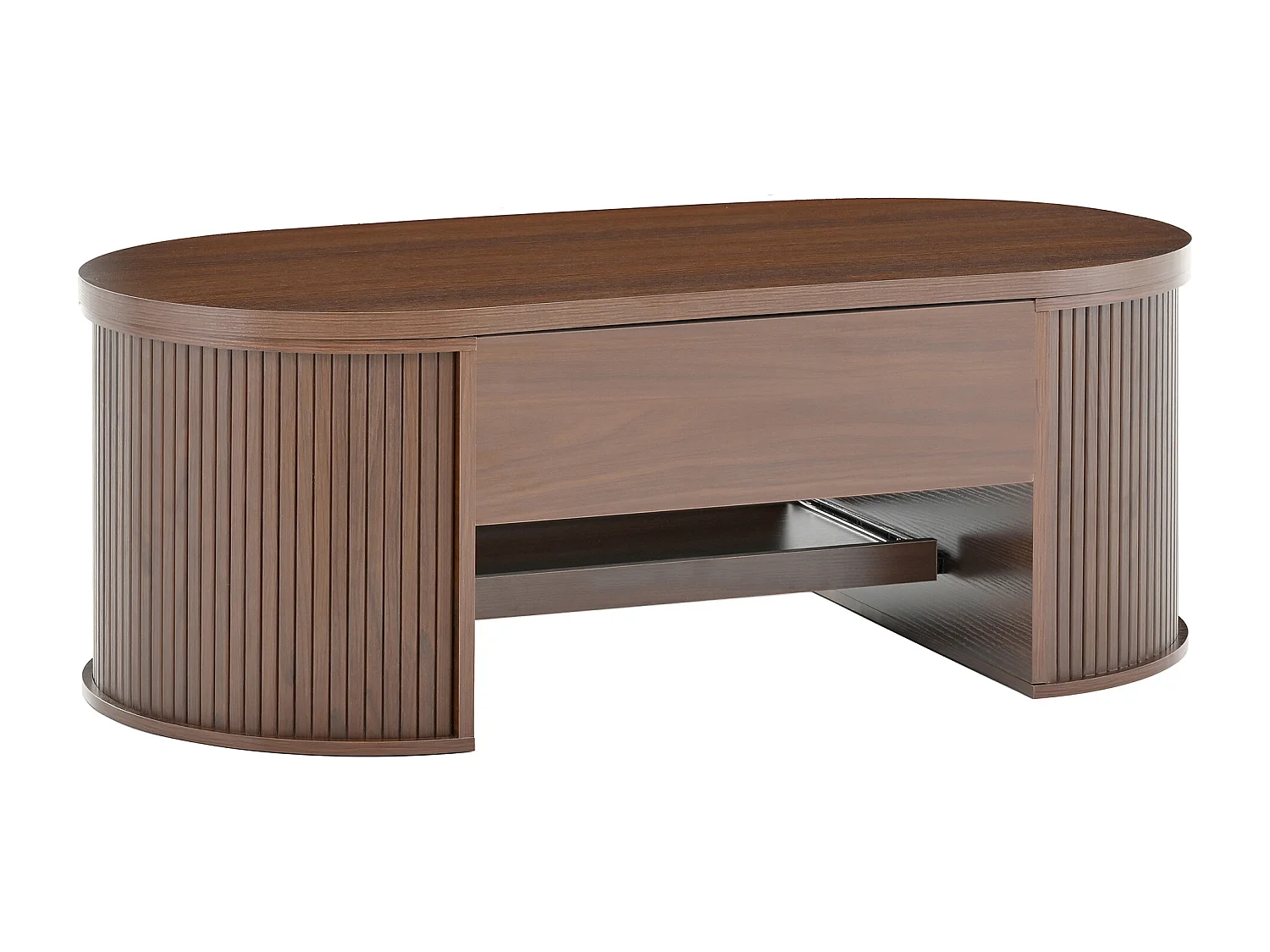 Dunkler Couchtisch aus Holz mit anhebbarer Platte und ausziehbarer Ablage – ideal für Wohn- und Arbeitszimmer