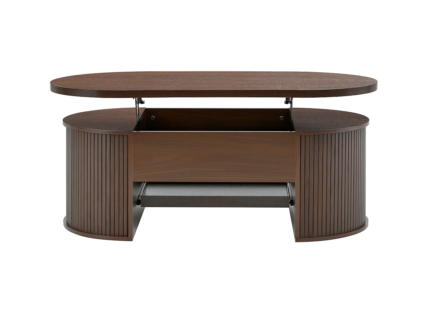 Dunkler Couchtisch aus Holz mit anhebbarer Platte und ausziehbarer Ablage – ideal für Wohn- und Arbeitszimmer