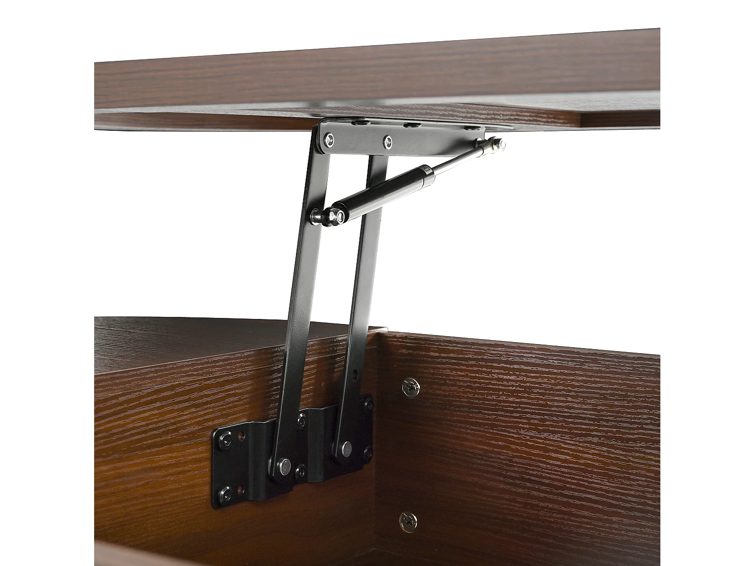 Dunkler Couchtisch aus Holz mit anhebbarer Platte und ausziehbarer Ablage – ideal für Wohn- und Arbeitszimmer