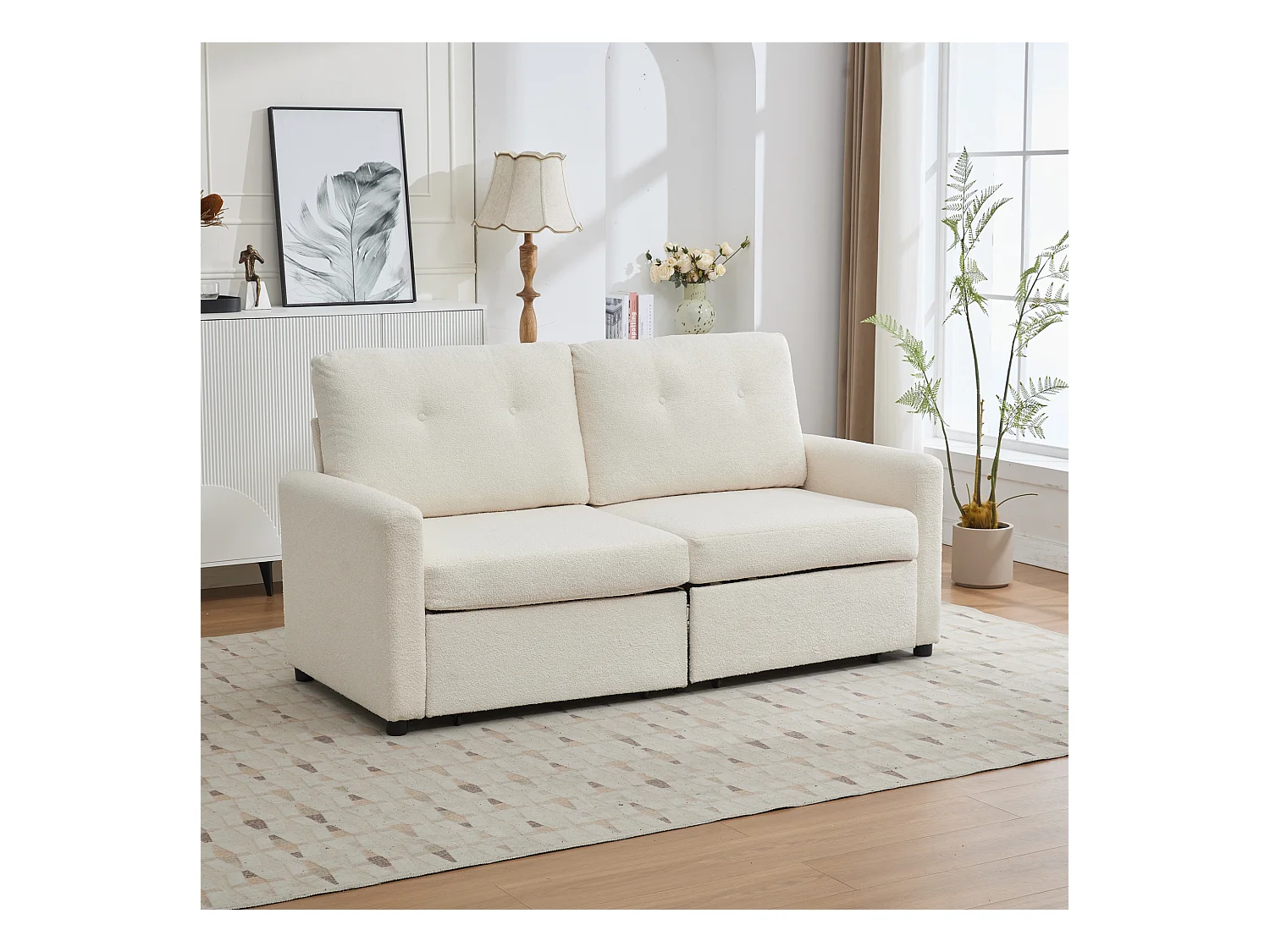 Canapé 2 places en tissu ivoire avec 2 tiroirs de rangement - Style moderne