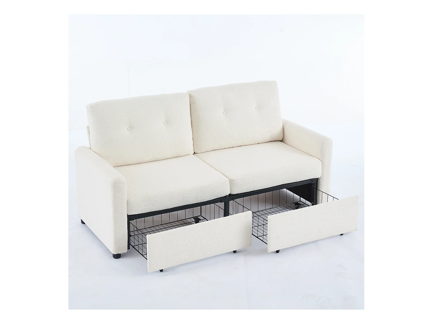Canapé 2 places en tissu ivoire avec 2 tiroirs de rangement - Style moderne