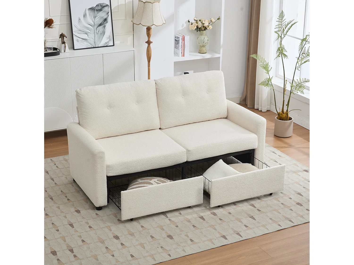 Canapé 2 places en tissu ivoire avec 2 tiroirs de rangement - Style moderne