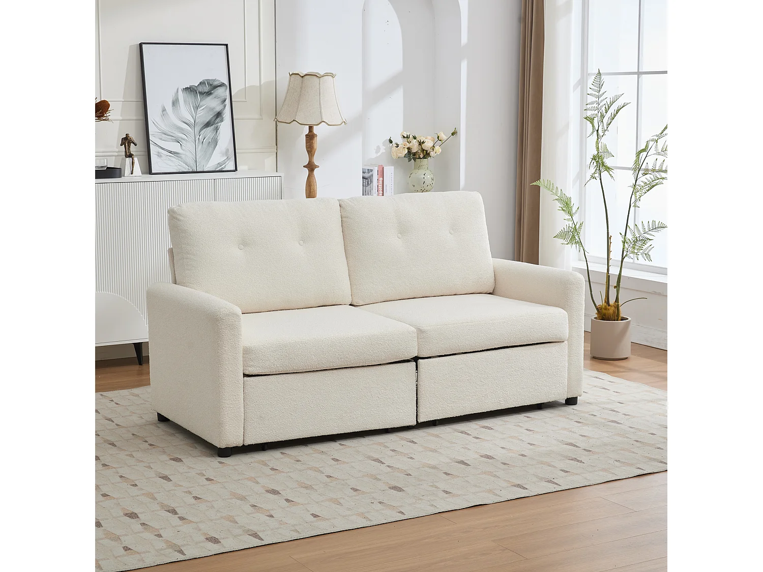 Canapé 2 places en tissu ivoire avec 2 tiroirs de rangement - Style moderne