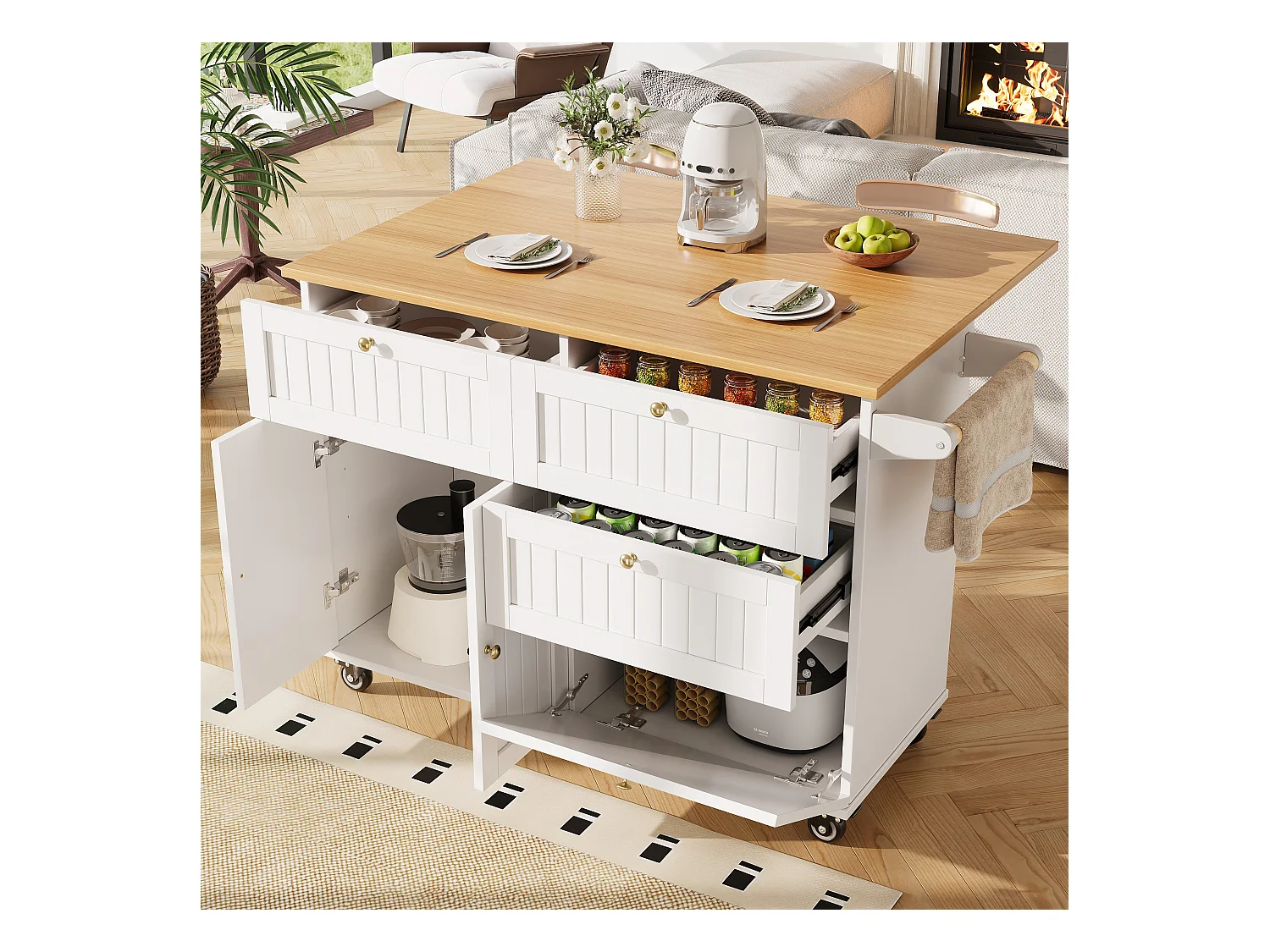 Desserte de cuisine blanc avec plateau rabattable en similibois et rangements - pour salon et cuisine