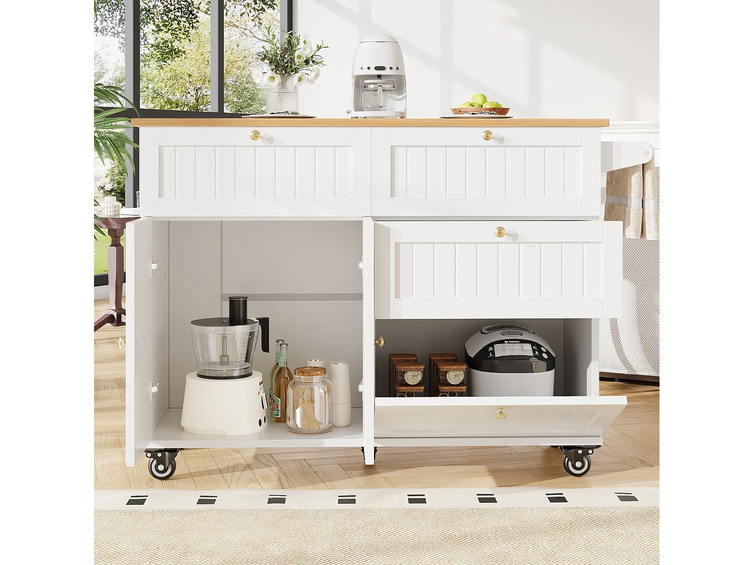 Witte keukentrolley met neerklapbaar houtnerfblad en opbergruimte - voor woonkamer en keuken