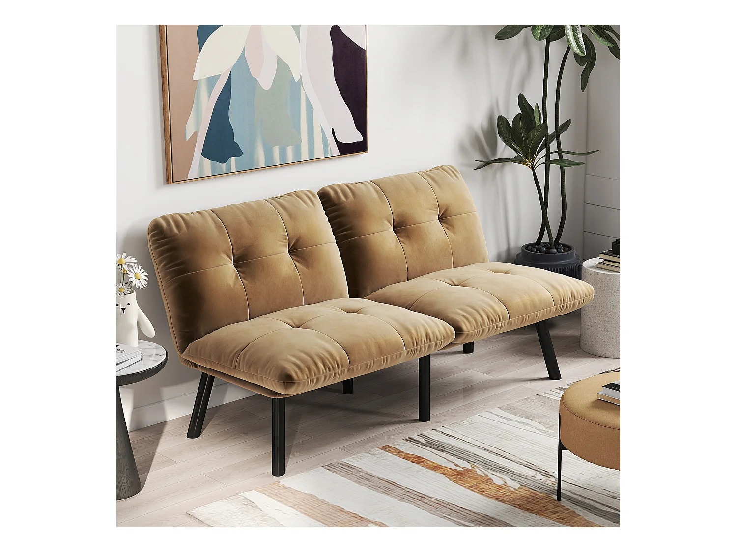 Canapé 2 places convertible en velours marron avec dossier inclinable - design moderne