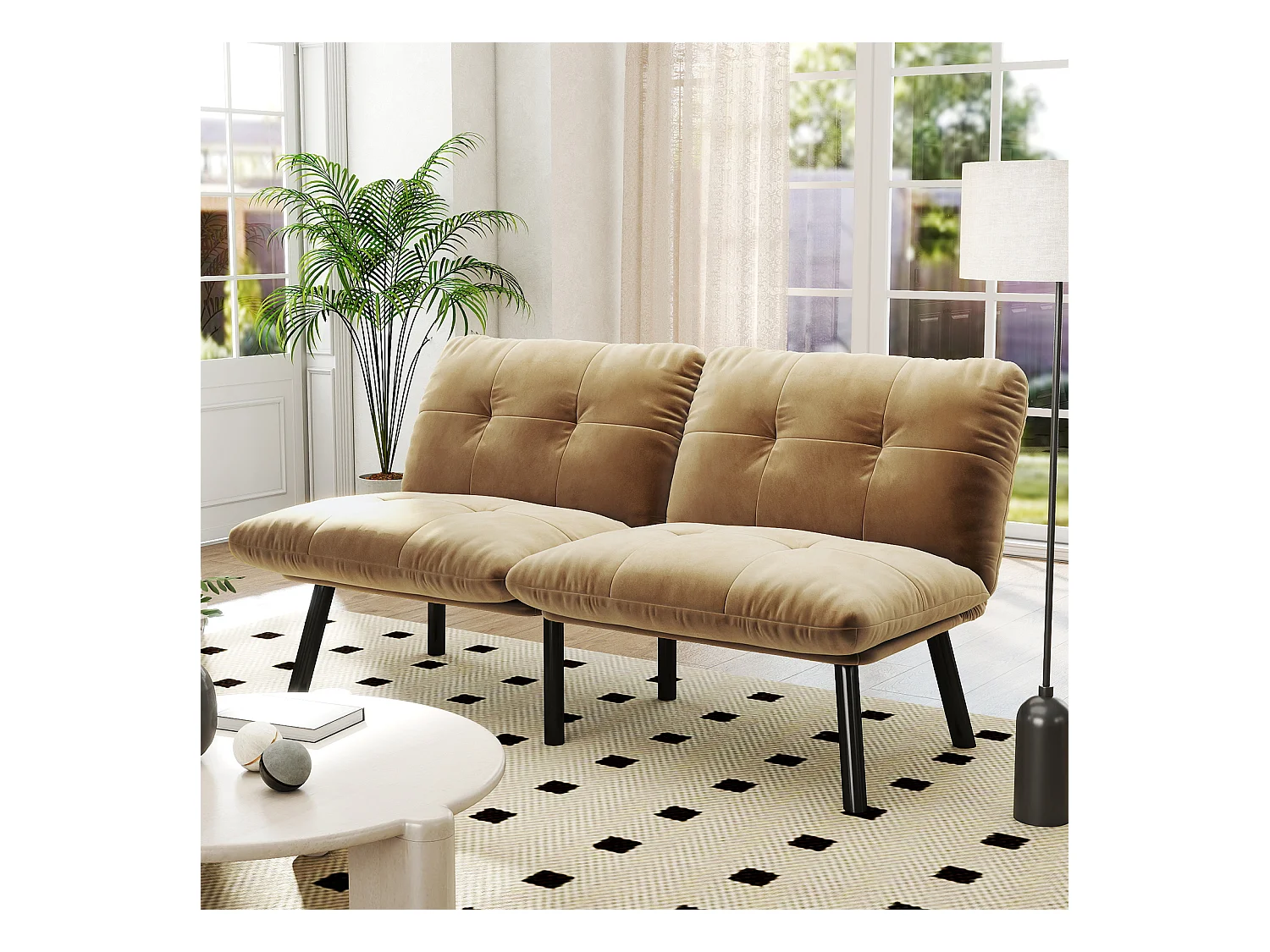 Canapé 2 places convertible en velours marron avec dossier inclinable - design moderne