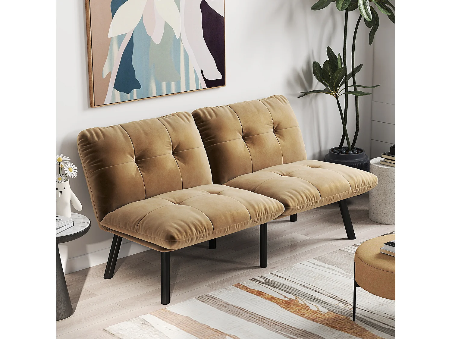 2-Sitzer Schlafsofa aus braunem Samt mit verstellbarer Rückenlehne - modernes Design