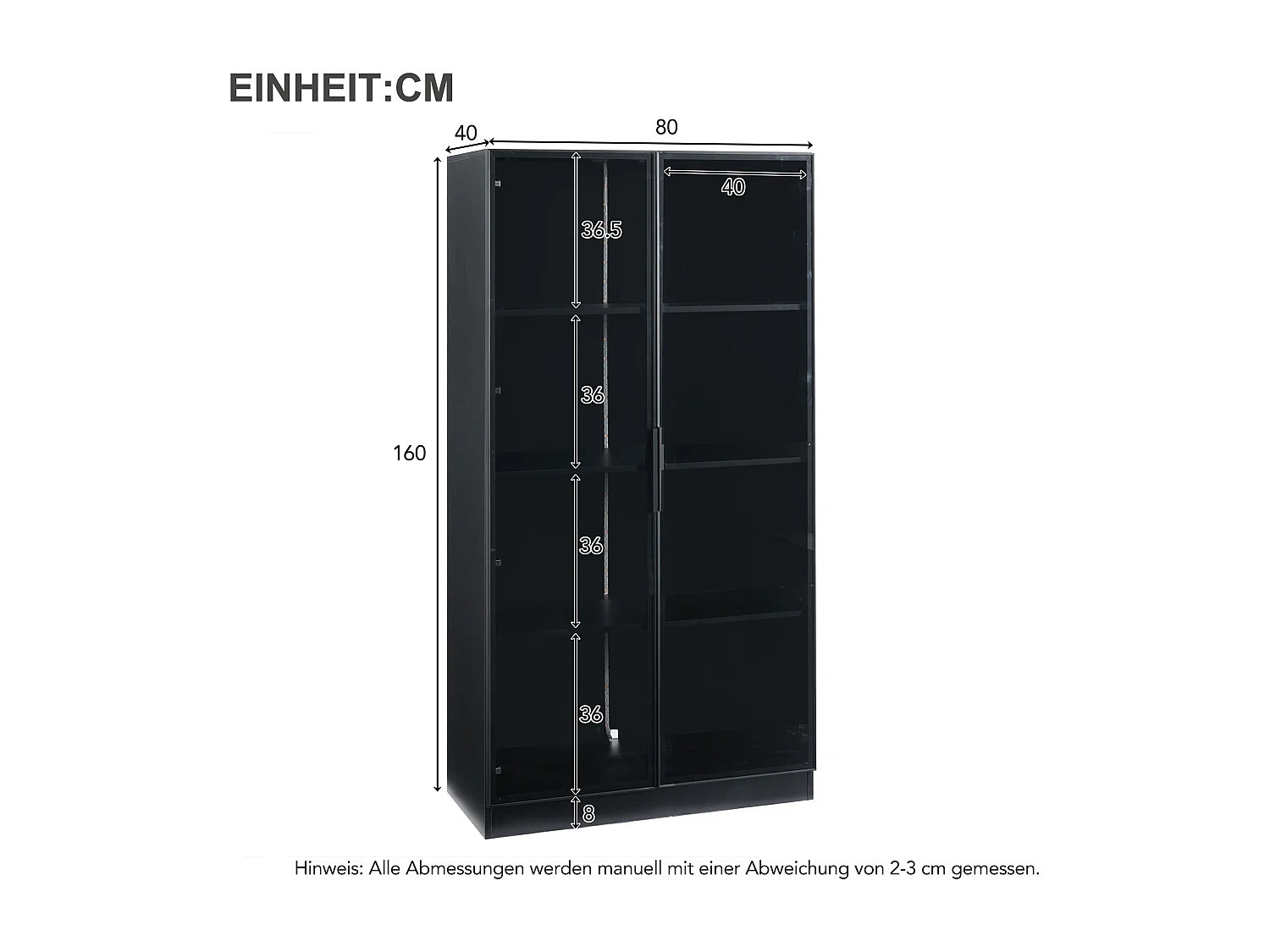 Vitrine LED 16 couleurs, 80x40x160 cm, avec 2 portes vitrées et étagères réglables, noir - pour salon et bureaux