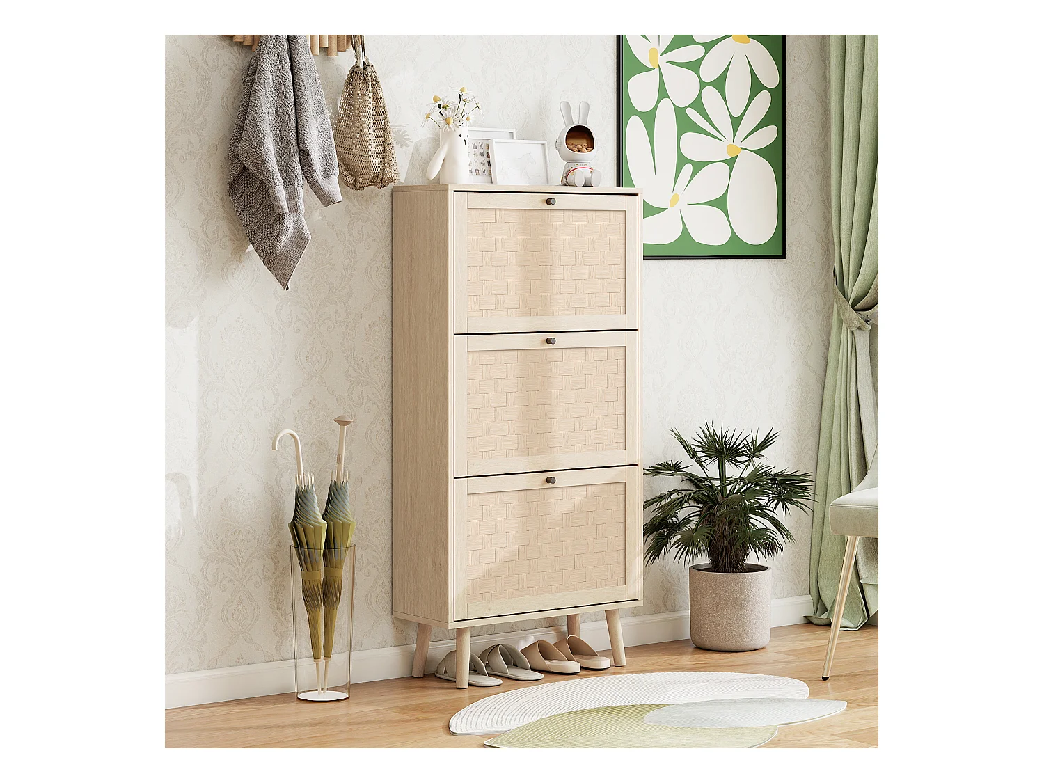 Meuble à chaussures naturel avec 3 portes basculantes et  poignées noires - pour entrée et couloir