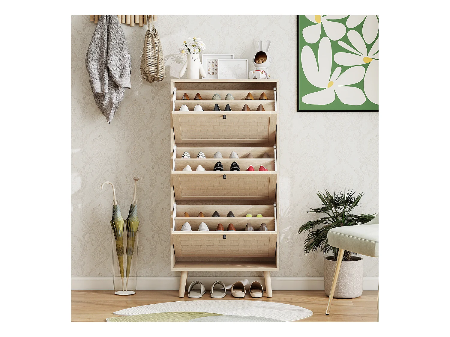 Meuble à chaussures naturel avec 3 portes basculantes et  poignées noires - pour entrée et couloir