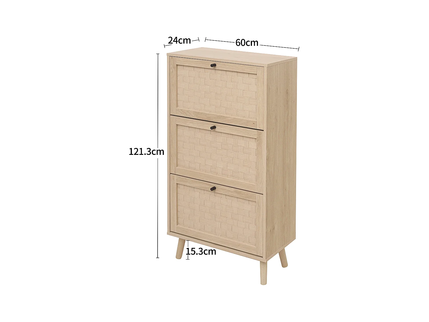 Meuble à chaussures naturel avec 3 portes basculantes et  poignées noires - pour entrée et couloir