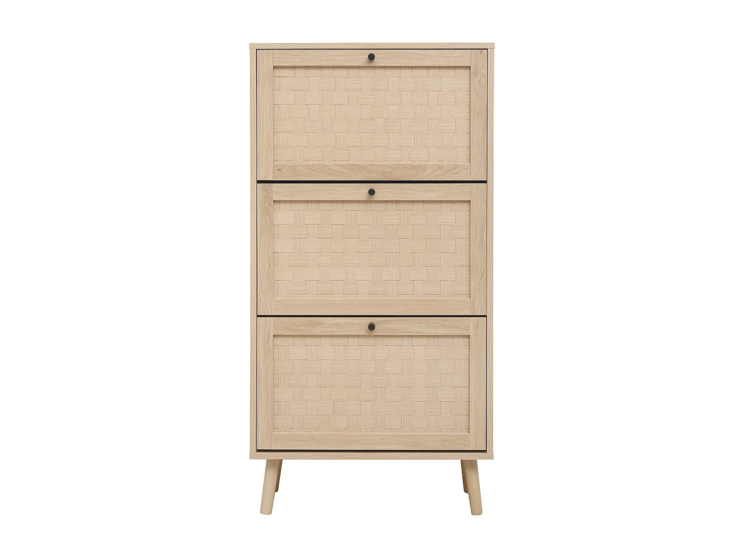 Meuble à chaussures naturel avec 3 portes basculantes et  poignées noires - pour entrée et couloir