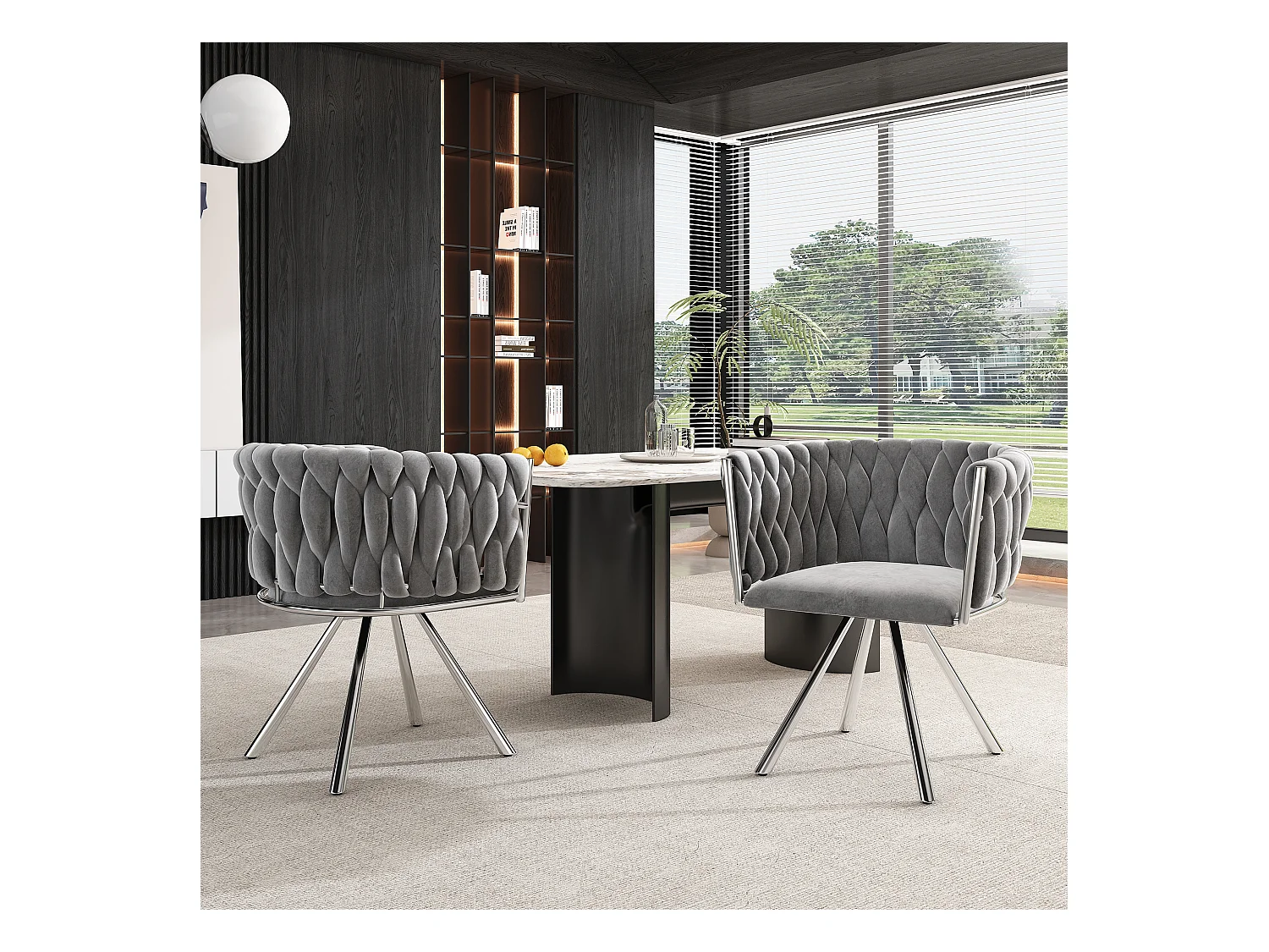 Lot de 2 chaises en velours gris, dossier rembourré, pieds en métal argenté - pour salle à manger et  salon